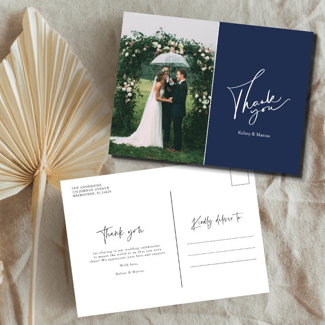 Modern Wedding Day Photo Thank You | Navy Blue Postcard (Creator Uploaded)