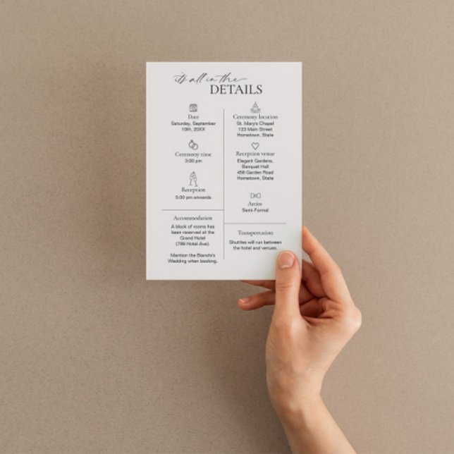 Modern Wedding Details Card with Icons in Taupe (Creator Uploaded)