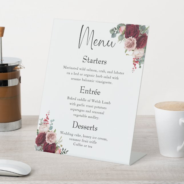 Modern Wedding Dinner Menu  Burgundy Blush Floral  Pedestal Sign (In SItu)