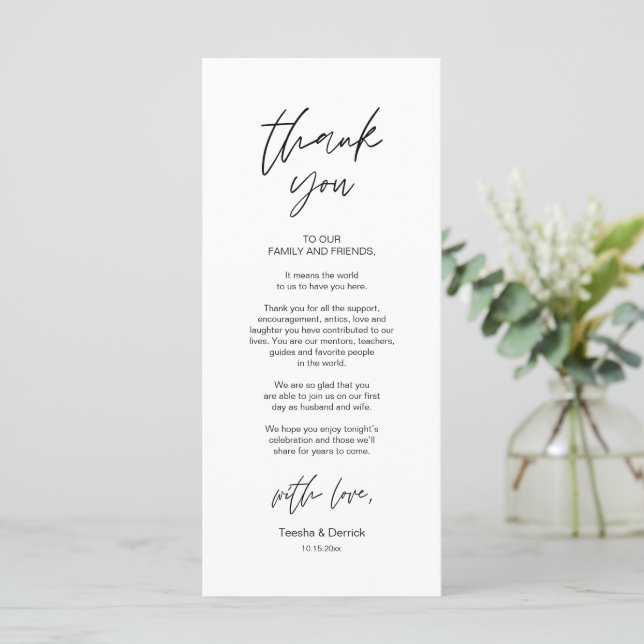 Modern Wedding Dinner Place Setting Thank You Card (Standing Front)