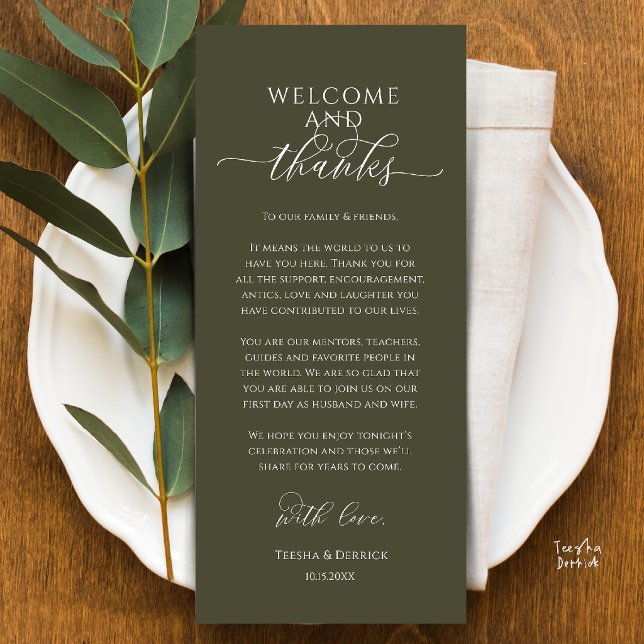 Modern Wedding Dinner Place Setting Thank You Card (Modern Wedding Dinner Place Setting Thank You Card in olive green)