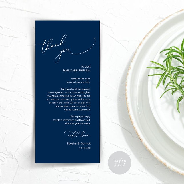 Modern Wedding Dinner Place Setting Thank You Card (Modern Wedding Dinner Place Setting Thank You Card, Plate decor, in Navy Blue)