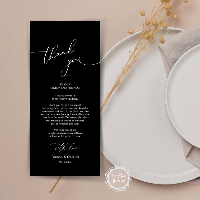 Modern Wedding Dinner Place Setting Thank You Card (Modern Wedding Dinner Place Setting Thank You Card, Plate decor, in Classy Black)