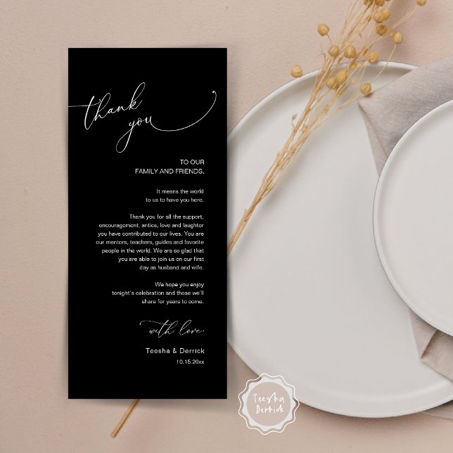 Modern Wedding Dinner Place Setting Thank You Card (Modern Wedding Dinner Place Setting Thank You Card, Plate decor, in Classy Black)