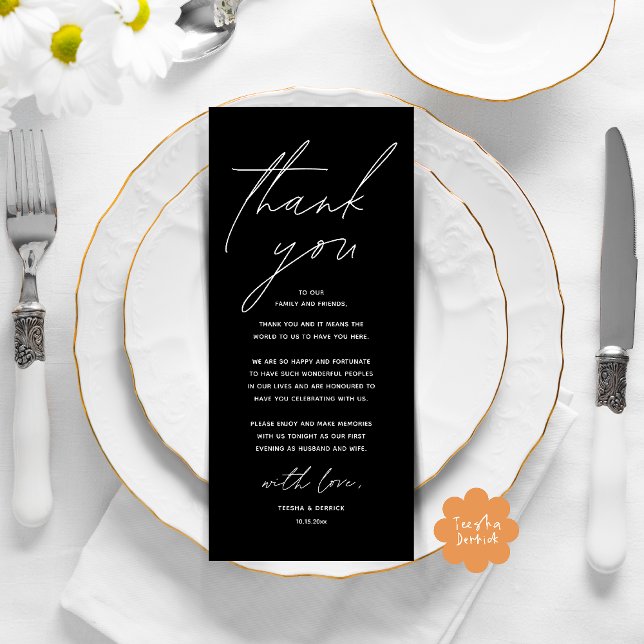 Modern Wedding Dinner Place Setting Thank You Card (Modern Wedding Dinner Lunch Brunch Celebration Place Setting Thank You Card in Classy Black)