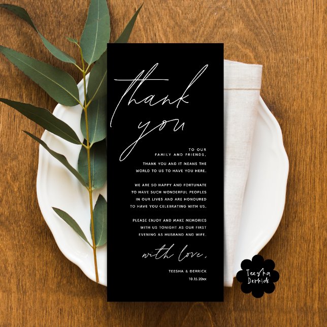 Modern Wedding Dinner Place Setting Thank You Card (Modern Wedding Dinner Lunch Brunch Celebration Place Setting Thank You Card in Classy Black)