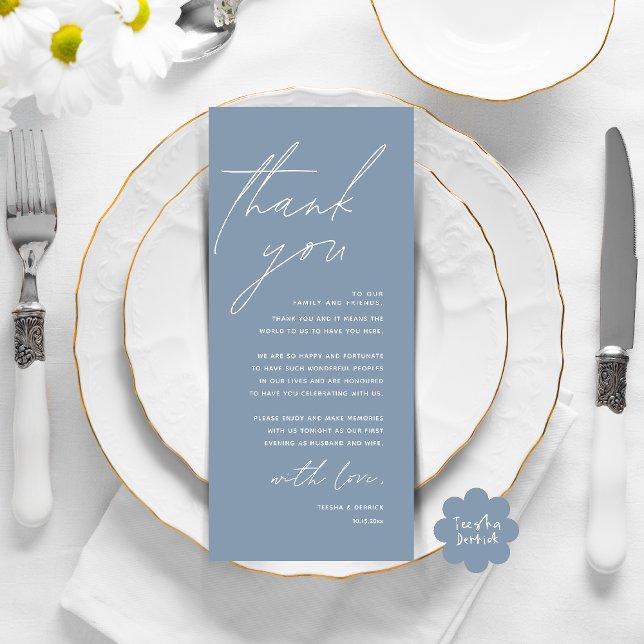 Modern Wedding Dinner Place Setting Thank You Card (Modern Wedding Dinner Lunch Brunch Celebration Place Setting Thank You Card in Dusty Blue)