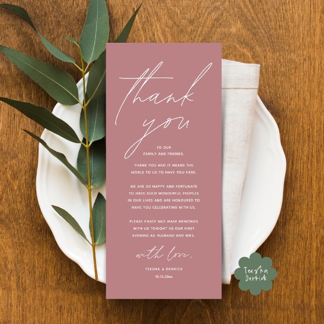 Modern Wedding Dinner Place Setting Thank You Card (Modern Wedding Dinner Lunch Brunch Celebration Place Setting Thank You Card in Dusty Rose Pink)