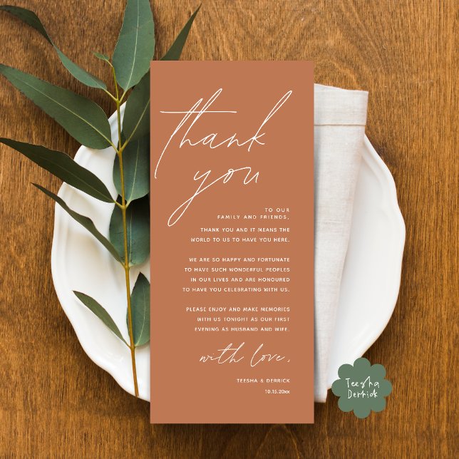 Modern Wedding Dinner Place Setting Thank You Card (Modern Wedding Dinner Lunch Brunch Celebration Place Setting Thank You Card in Copper Brown)