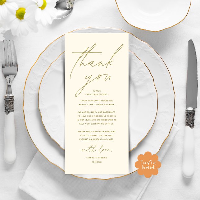 Modern Wedding Dinner Place Setting Thank You Card (Modern Wedding Dinner Lunch Brunch Celebration Place Setting Thank You Card in Yellow Gold)
