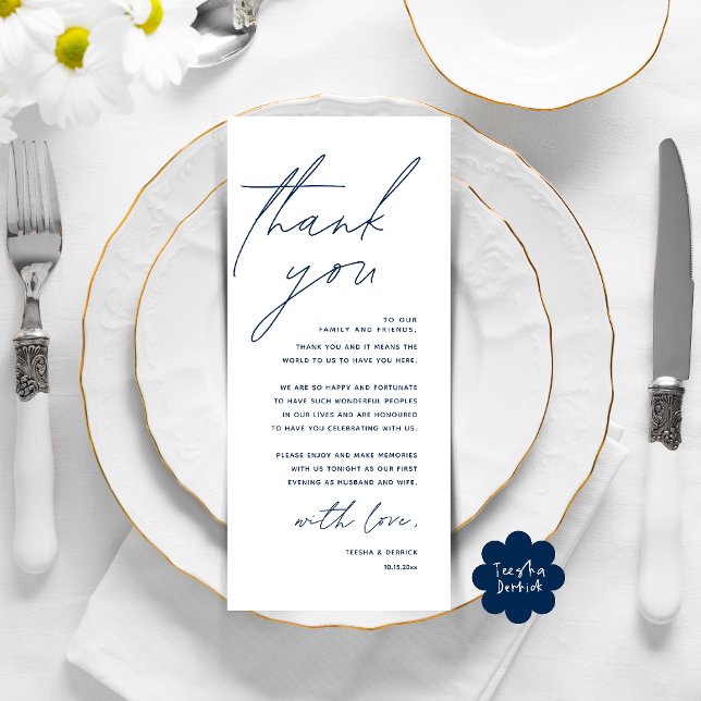 Modern Wedding Dinner Place Setting Thank You Card (Modern Wedding Dinner Lunch Brunch Celebration Place Setting Thank You Card in Navy Blue)