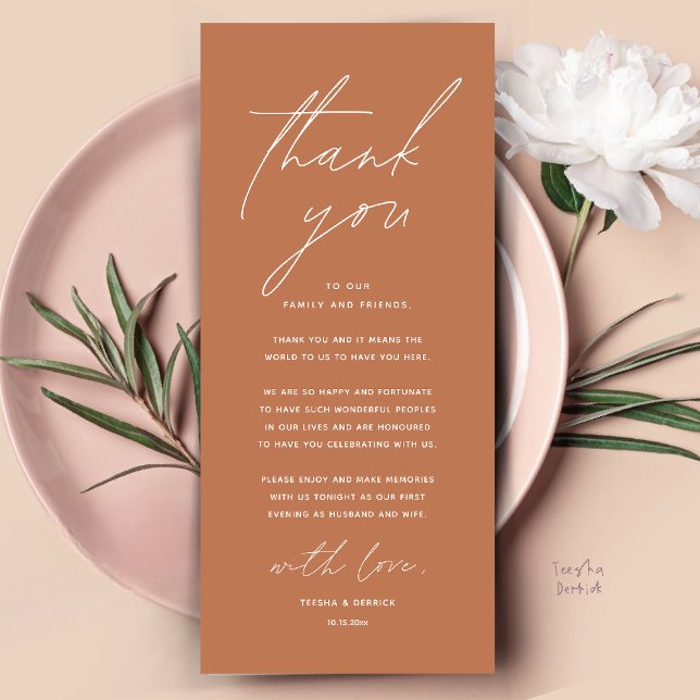 Modern Wedding Dinner Place Setting Thank You Card (Modern Wedding Dinner Place Setting Thank You Card Reception Brunch Lunch in Copper Brown Terracotta)