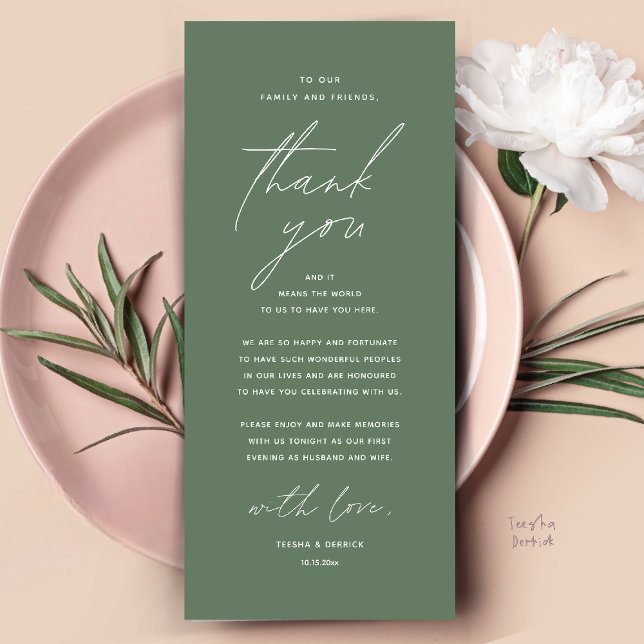 Modern Wedding Dinner Place Setting Thank You Card (Modern Wedding Dinner Place Setting Thank You Card Reception Brunch Lunch in sage green)