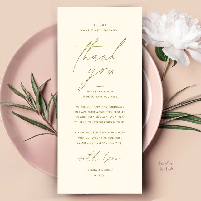 Modern Wedding Dinner Place Setting Thank You Card (Modern Wedding Dinner Place Setting Thank You Card Reception Brunch Lunch in Warm Yellow Gold)