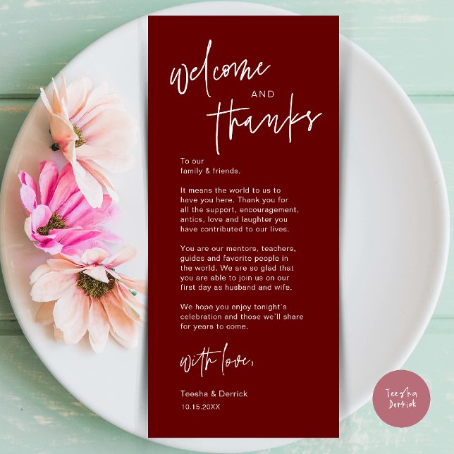 Modern Wedding Dinner Place Setting Thank You Card (Modern Casual Wedding Dinner Place Setting Thank You Card in burgundy wine red)