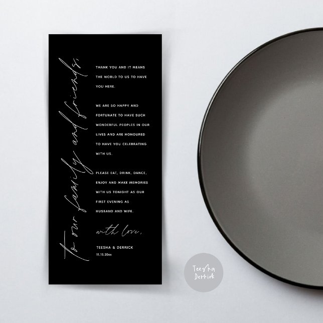 Modern Wedding Dinner Place Setting Thank You Card (Wedding Dinner Place Setting Thank You Card, Modern Minimalist Script, in Classy Black)
