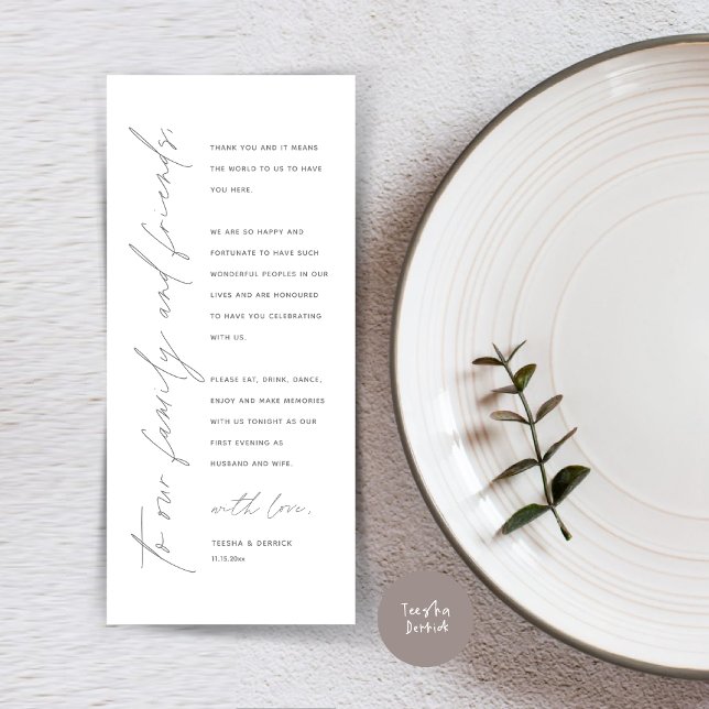 Modern Wedding Dinner Place Setting Thank You Card (Wedding Dinner Place Setting Thank You Card, Modern Minimalist Script, in Dark Grey)