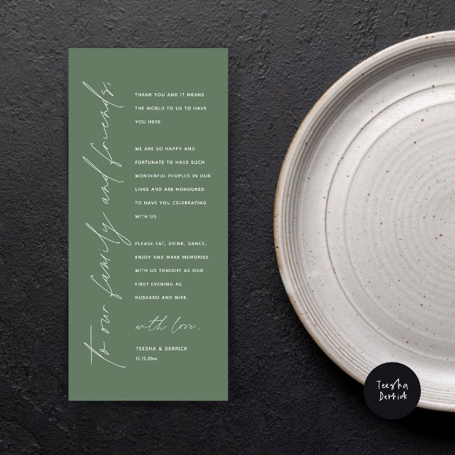 Modern Wedding Dinner Place Setting Thank You Card (Wedding Dinner Place Setting Thank You Card, Modern Minimalist Script, in Forest Sage Green)