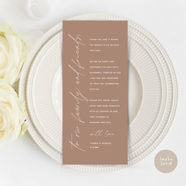 Modern Wedding Dinner Place Setting Thank You Card (Wedding Dinner Place Setting Thank You Card, Modern Minimalist Script, in Taupe Brown)