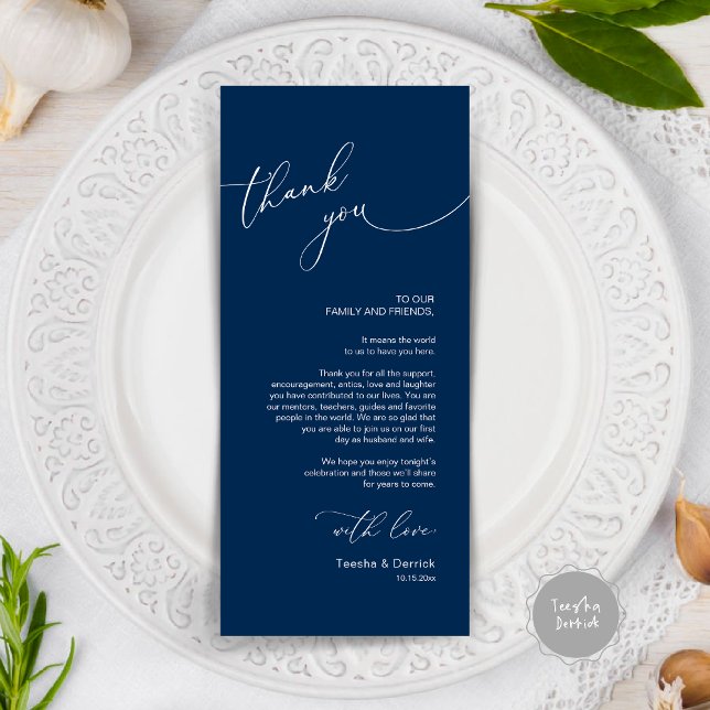 Modern Wedding Dinner Place Setting Thank You Card (Modern Wedding Dinner Place Setting Thank You Card, in navy blue)