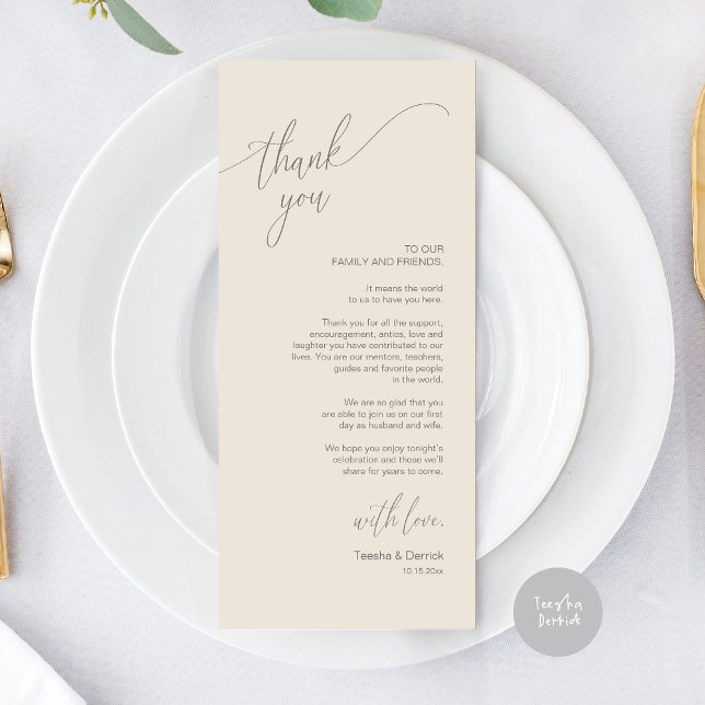 Modern Wedding Dinner Place Setting Thank You Card (Modern Elegant Wedding Dinner Place Setting Thank You Card, in Dark Grey and Cream)