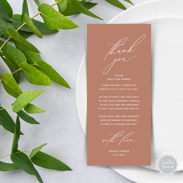 Modern Wedding Dinner Place Setting Thank You Card (Modern Wedding Dinner Place Setting Thank You Card, Minimalist Terracotta Earthy Brown)