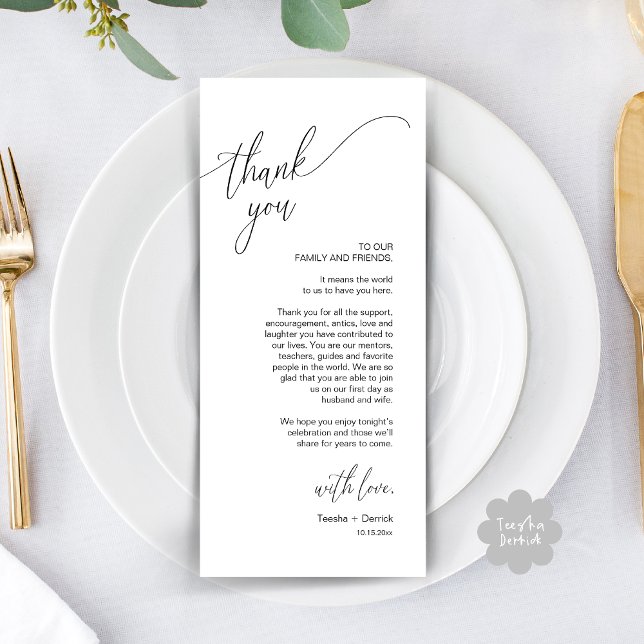 Modern Wedding Dinner Place Setting Thank You Card (Modern Wedding Dinner Brunch Place Setting Thank You Card romantic in aesthetic classy white black)