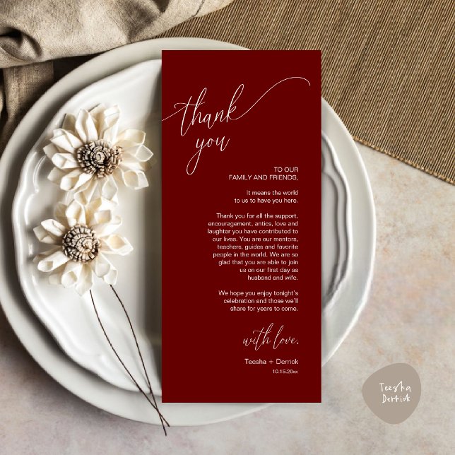Modern Wedding Dinner Place Setting Thank You Card (Modern Wedding Dinner Brunch Place Setting Thank You Card romantic in aesthetic burgundy red)