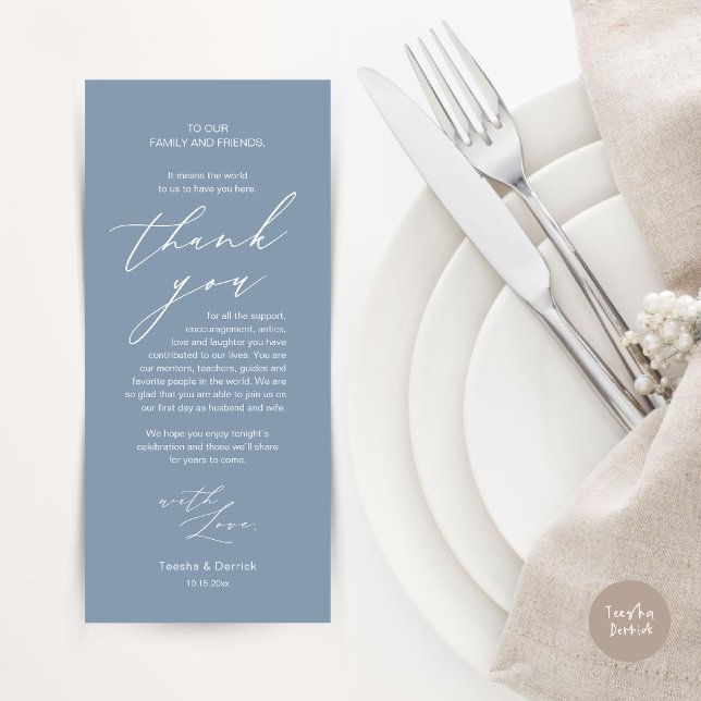 Modern Wedding Dinner Place Setting Thank You Card (Modern Minimalist Wedding Dinner Place Setting Thank You Card in aesthetic dusty blue)