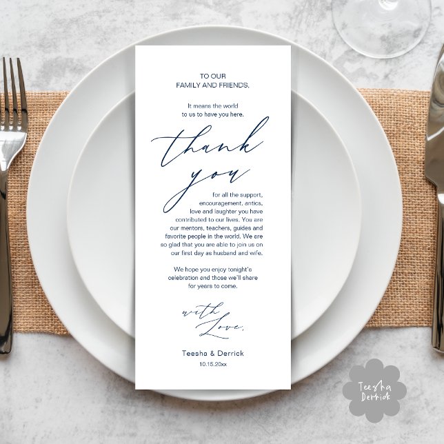 Modern Wedding Dinner Place Setting Thank You Card (Modern Minimalist Wedding Dinner Place Setting Thank You Card in Navy Blue)