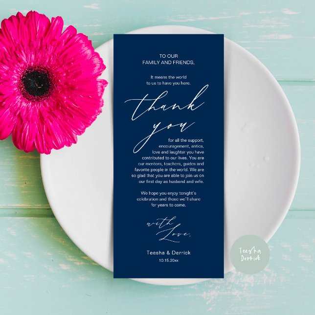 Modern Wedding Dinner Place Setting Thank You Card (Modern Minimalist Wedding Dinner Place Setting Thank You Card in Navy Blue)