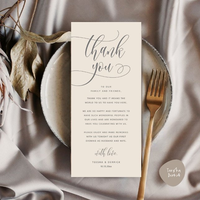 Modern Wedding Dinner Place Setting Thank You Card (Wedding Dinner Place Setting Thank You, Welcome and Thanks Card, in Classy Cream Grey)