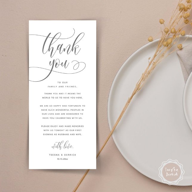 Modern Wedding Dinner Place Setting Thank You Card (Wedding Dinner Place Setting Thank You, Welcome and Thanks Card, in Classy Dark Grey)