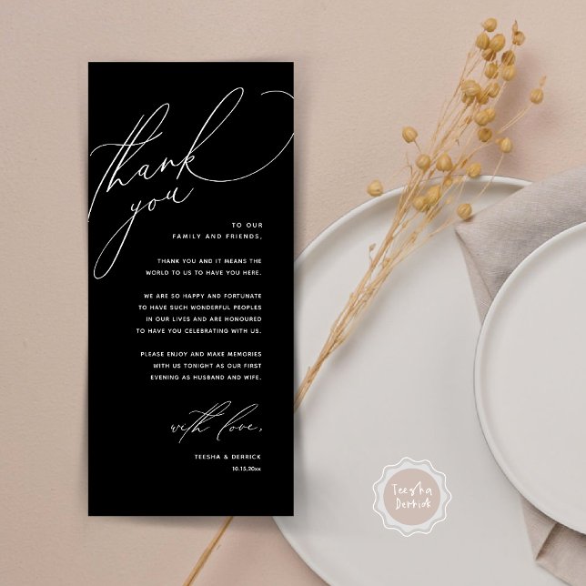 Modern Wedding Dinner Place Setting Thank You Card (Modern Wedding Dinner Place Setting Thank You Card, Romantic Plate Decor, in Classy Black)