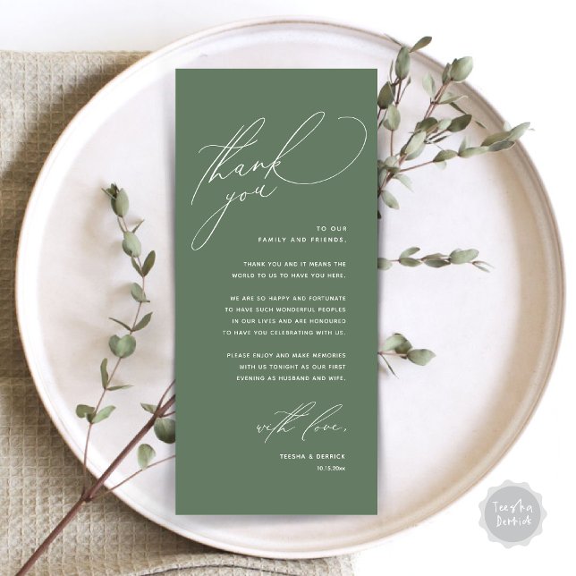 Modern Wedding Dinner Place Setting Thank You Card (Modern Wedding Dinner Place Setting Thank You Card, Romantic Plate Decor, in Forest Sage Green)