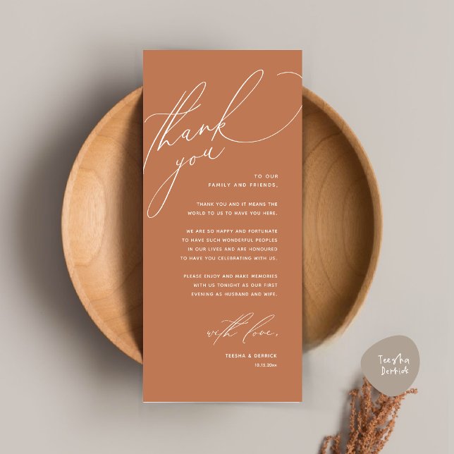 Modern Wedding Dinner Place Setting Thank You Card (Modern Wedding Dinner Place Setting Thank You Card, Romantic Plate Decor, in Copper Brown Terracotta)
