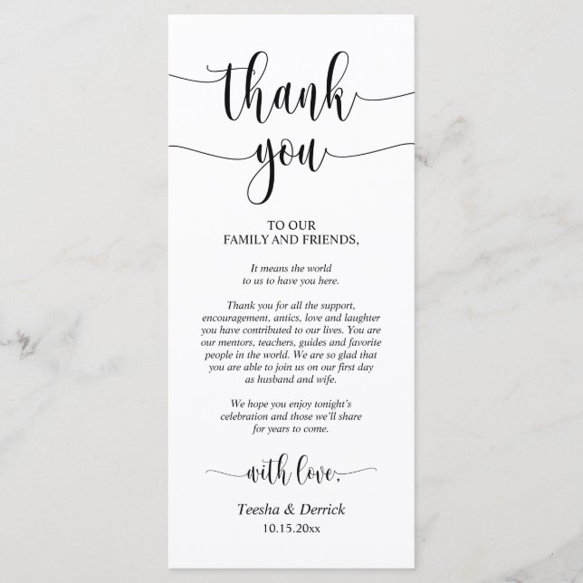 Modern Wedding Dinner Place Setting Thank You Programme (Front)