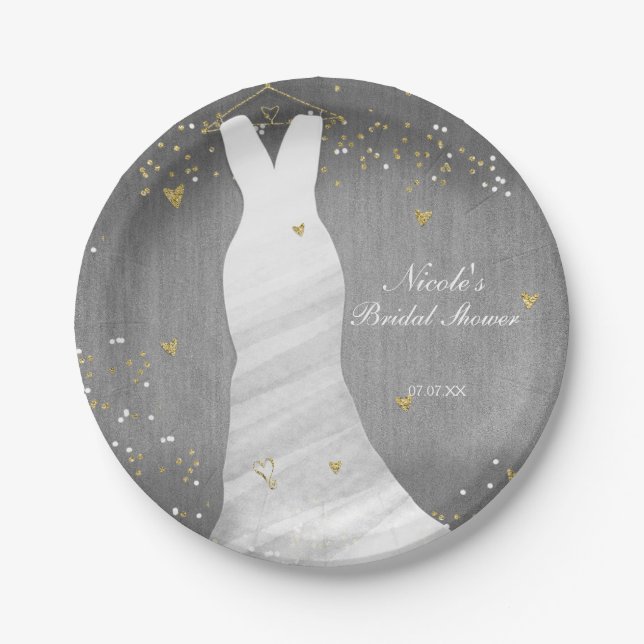 Modern Wedding Dress Confetti Hearts Bridal Shower Paper Plate (Front)