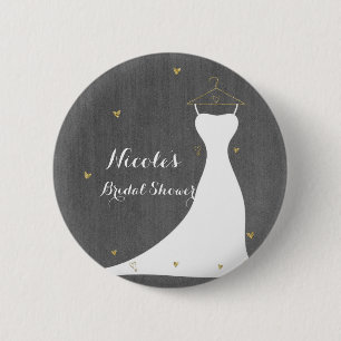 Modern Wedding Dress & Gold Hearts Bridal Shower 6 Cm Round Badge
