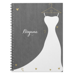 Modern Wedding Dress & Gold Hearts Bridal Shower Notebook