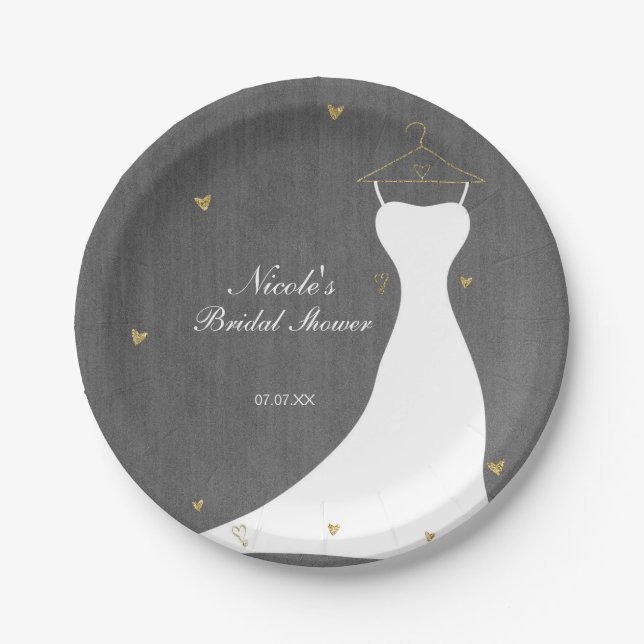 Modern Wedding Dress & Gold Hearts Bridal Shower Paper Plate (Front)