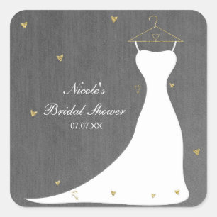 Modern Wedding Dress & Gold Hearts Bridal Shower Square Sticker