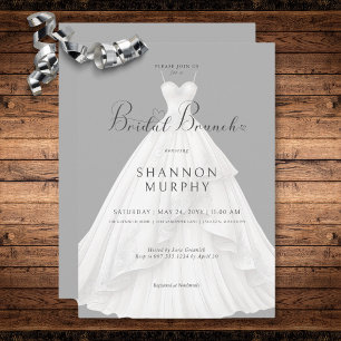 Modern Wedding Dress on Grey Bridal Brunch Invitation
