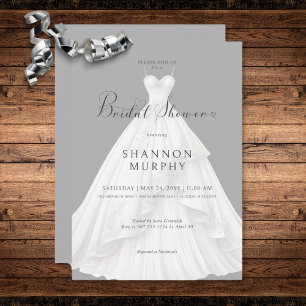 Modern Wedding Dress on Grey Bridal Shower Invitation