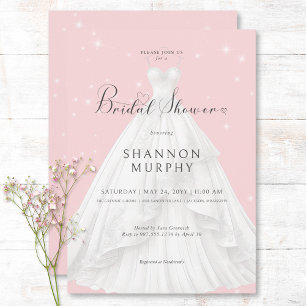 Modern Wedding Dress on Pink Sparkle Bridal Shower Invitation