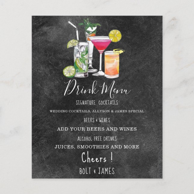 Modern wedding drink menu cocktails illustration p (Front)