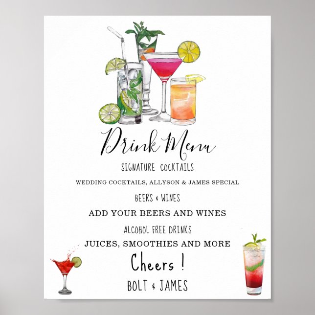 Modern wedding drink menu cocktails illustration p poster (Front)