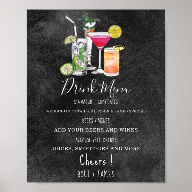 Modern wedding drink menu cocktails illustration p poster (Front)