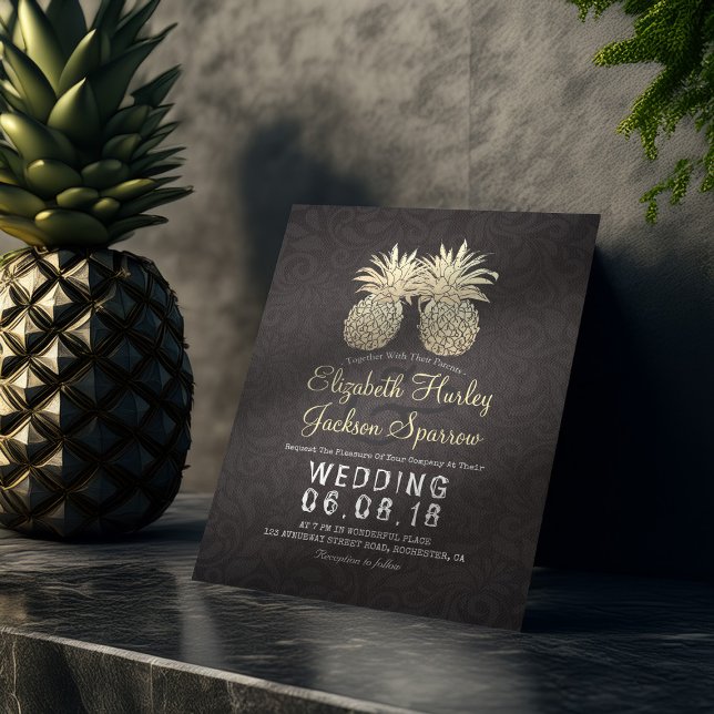 Modern Wedding Elegant Black Gold Pineapple Couple Invitation (Creator Uploaded)