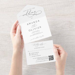 Modern Wedding Elegant Calligraphy Black & White All In One Invitation